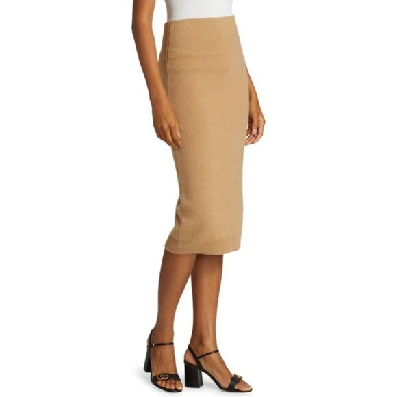 NWT SAKS FIFTH AVENUE Cashmere Skirt M Pencil Midi Pull On Camel Sweater Knit - Picture 3 of 6